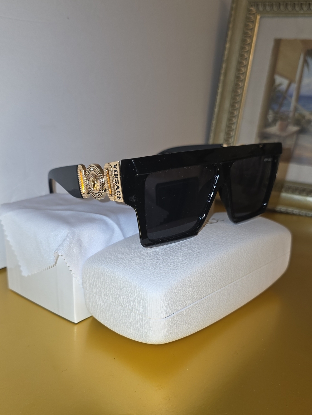 Versace Black Sunglasses with Gold Medusa Temple Accents